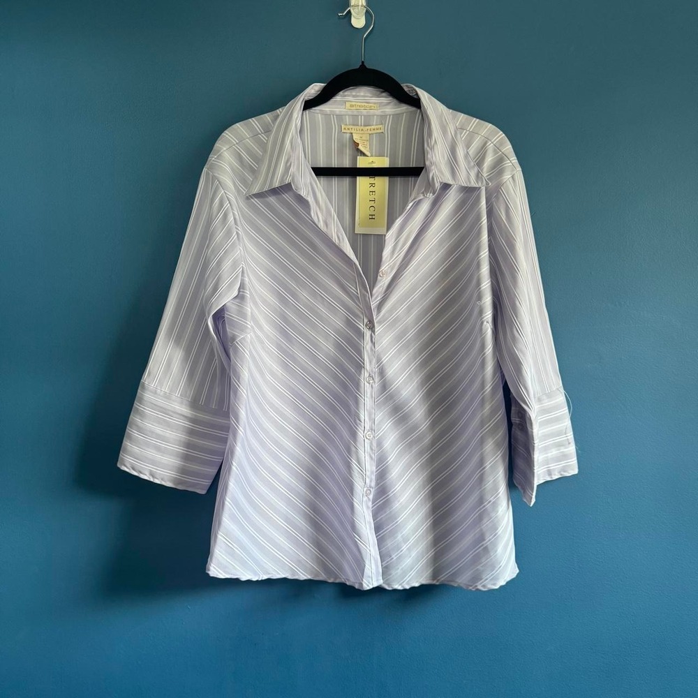 Y2K Purple Blouse Women's Plus Size 1X Striped Antilia Femme NWT Collared Office